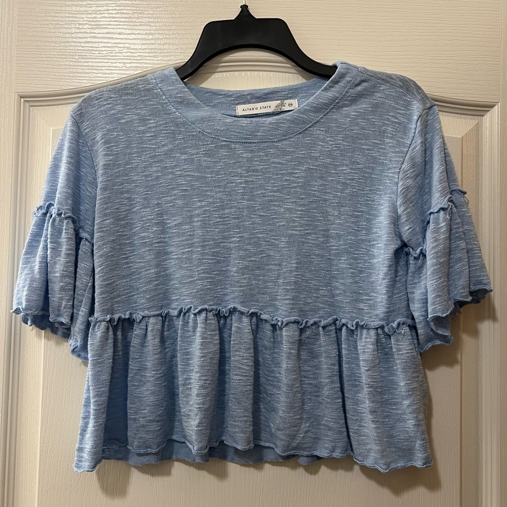 Altar'd State Light Blue Ruffle Sleeve Tee